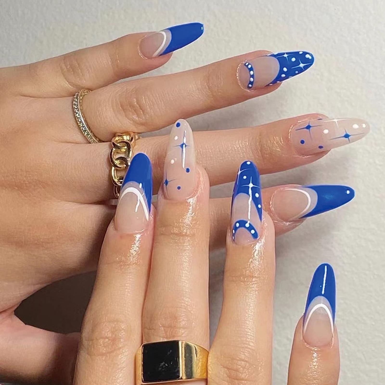 Blue French Tip Moon Dot Long Almond Nails Blue French Tip Moon Dot Long Almond Nails — Blue Almond Nails