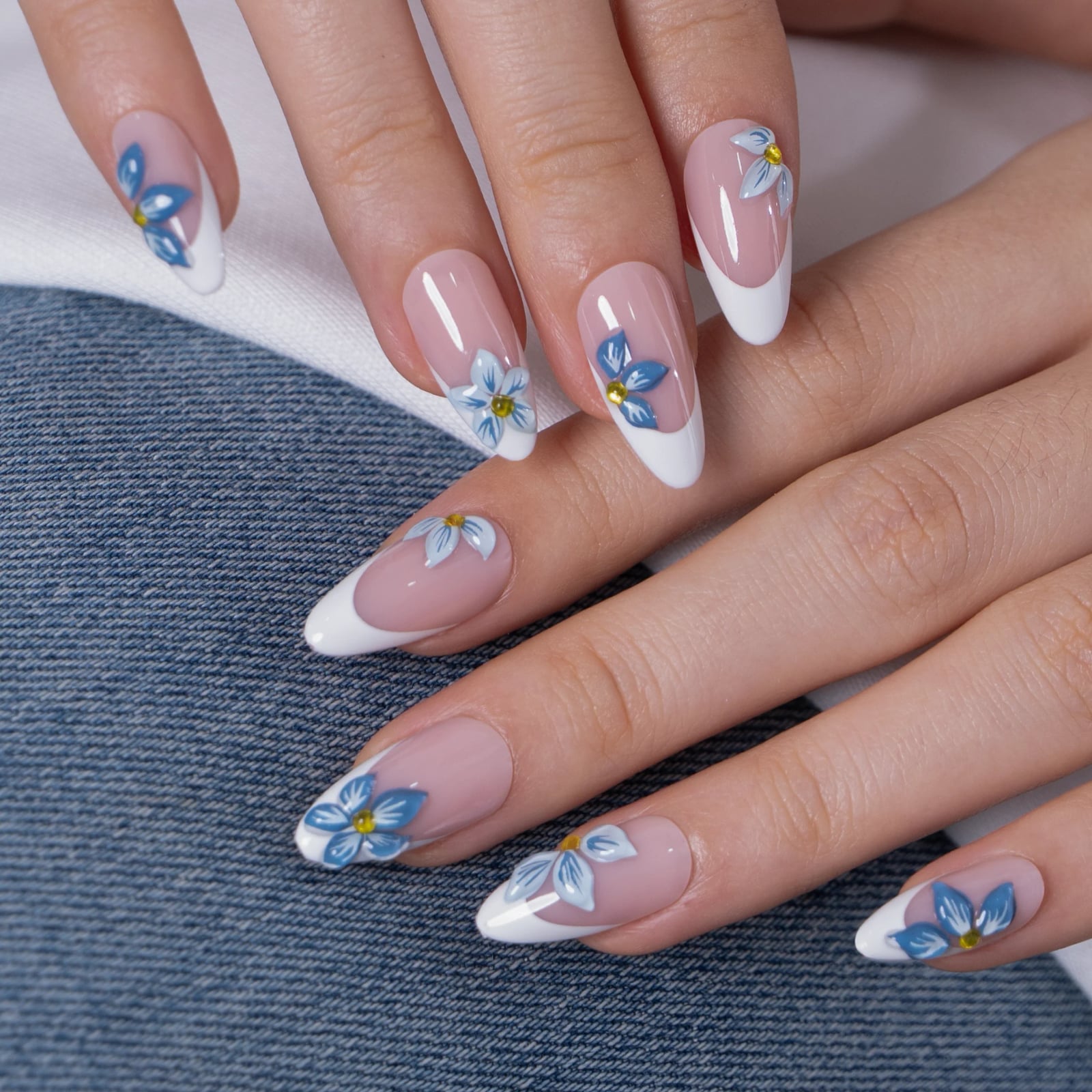 Sheer Pink 3D Blue Floral Medium Almond Nails Sheer Pink 3D Blue Floral Medium Almond Nails — Blue Almond Nails