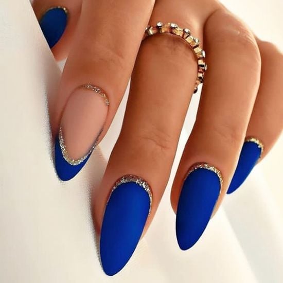 Matte Bright Blue Glitter French Tip Long Almond Nails Matte Bright Blue Glitter French Tip Long Almond Nails — Blue Almond Nails