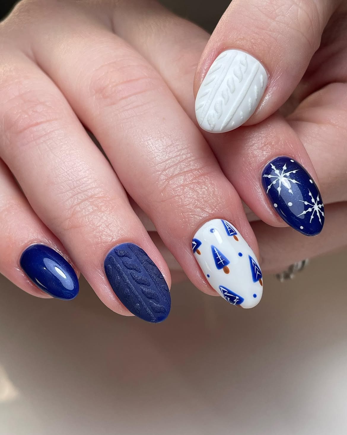 Blue and White Sweater Nail Art
