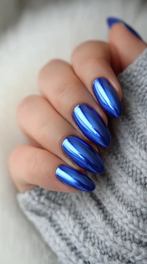 Vibrant Electric Blue Chrome Almond Nails Vibrant Electric Blue Chrome Almond Nails — Blue Chrome Nails