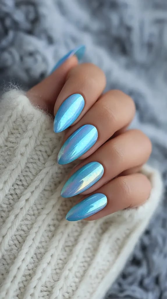 Iridescent Light Blue Chrome Medium Almonds Iridescent Light Blue Chrome Medium Almonds — Blue Chrome Nails