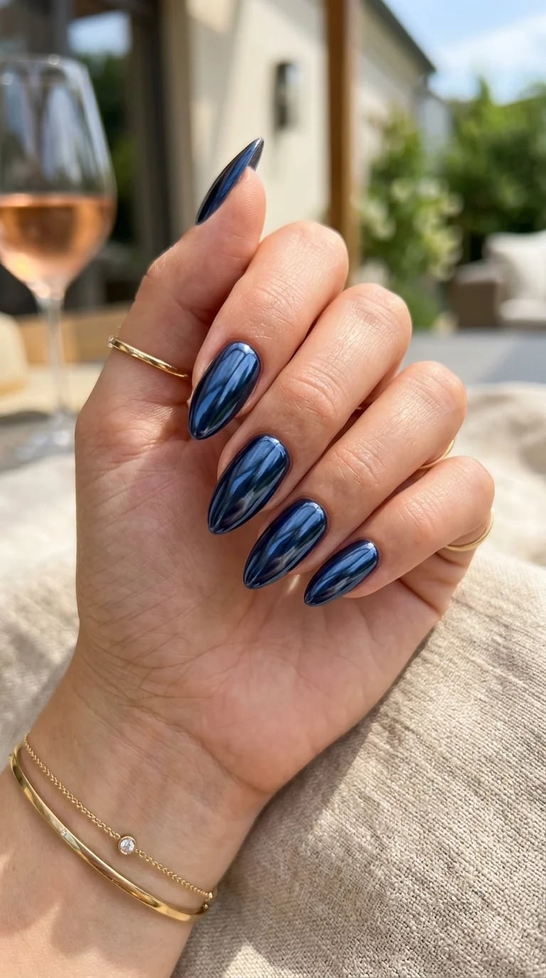 Deep Blue Chrome Medium Almond Nails Deep Blue Chrome Medium Almond Nails — Blue Chrome Nails