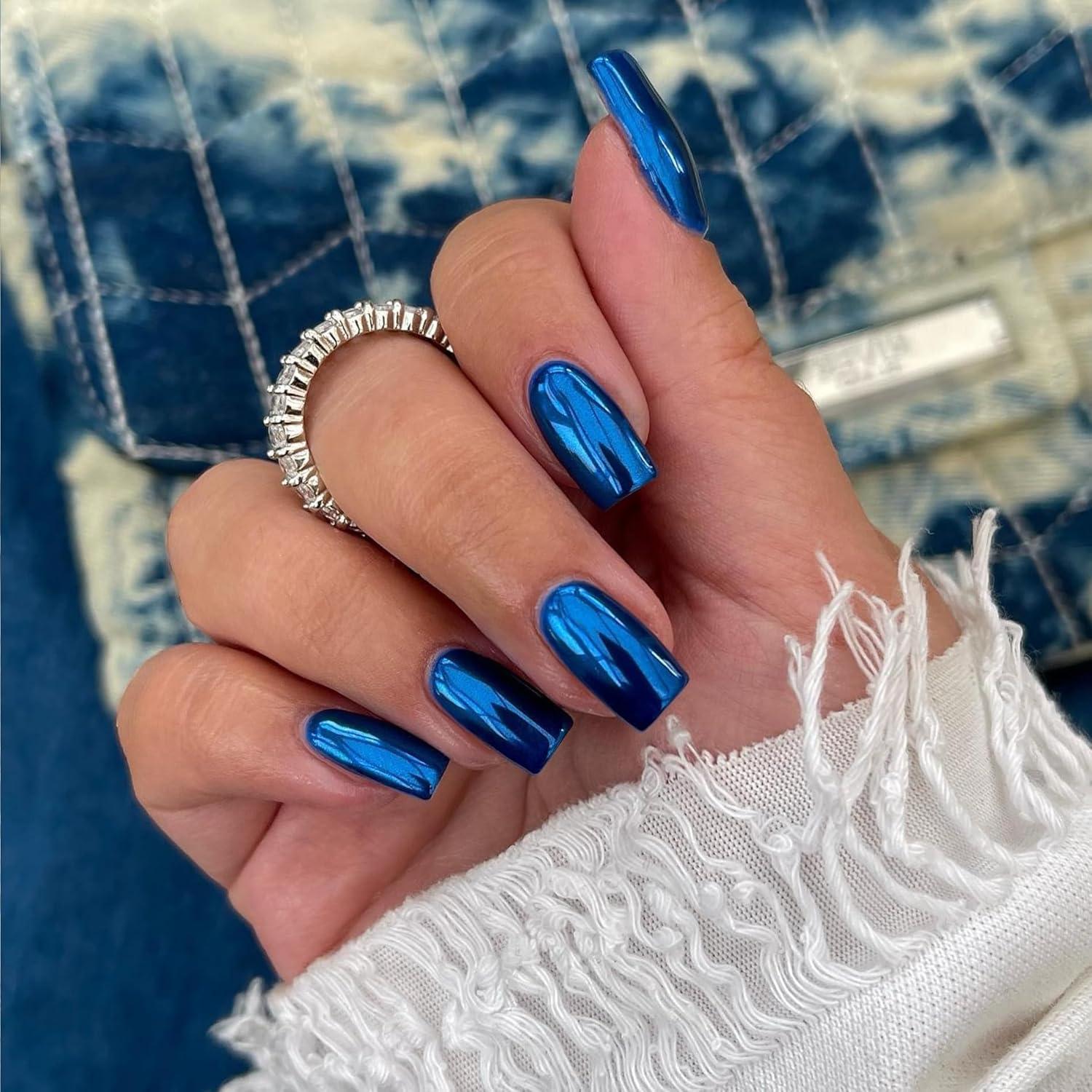 Vibrant Blue Chrome Long Coffin Nails Vibrant Blue Chrome Long Coffin Nails — Blue Chrome Nails