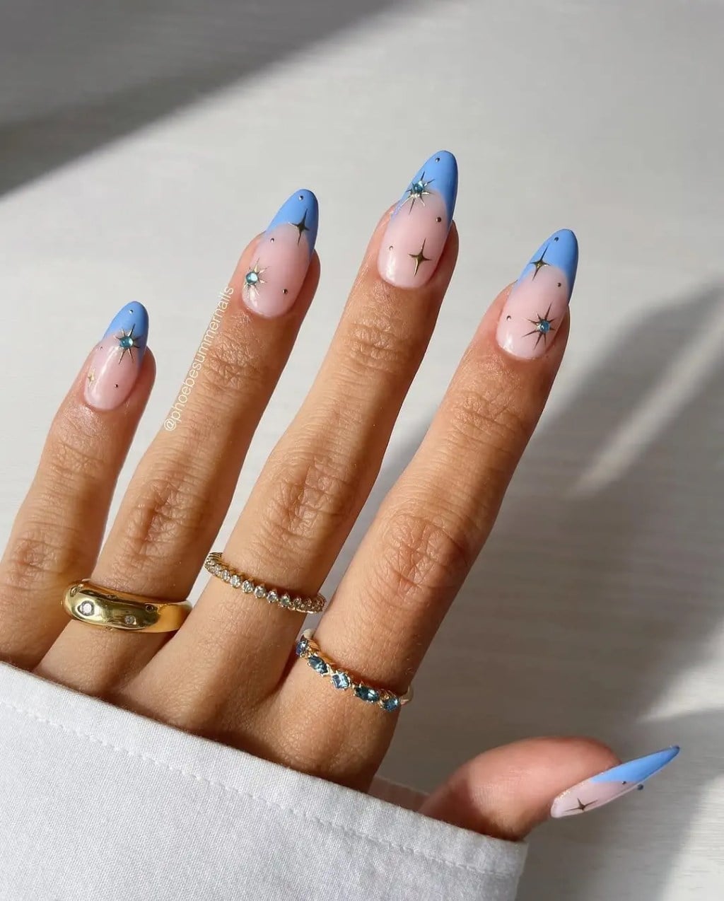Pastel Blue French Tips with Stars and Rhinestones Long Almond Nails Pastel Blue French Tips with Stars and Rhinestones Long Almond Nails — Blue French Tip Nails
