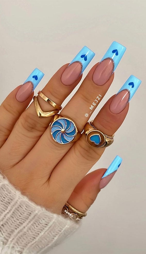 Light Blue French Tips with Dark Blue Hearts Long Square Nails Light Blue French Tips with Dark Blue Hearts Long Square Nails — Blue French Tip Nails