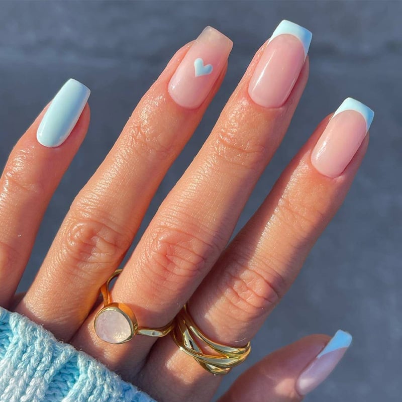 Short Square Blue French Tips with Heart Accent Short Square Blue French Tips with Heart Accent — Blue French Tip Nails