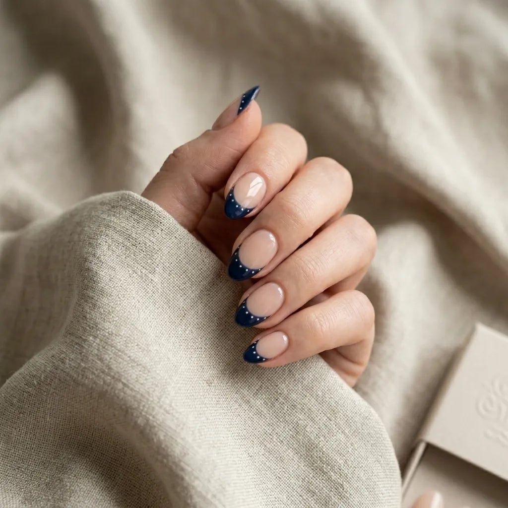 Navy Blue French Tips with White Dots Medium Almond Nails Navy Blue French Tips with White Dots Medium Almond Nails — Blue French Tip Nails