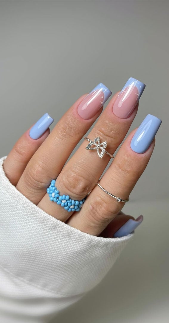 Short Square Blue French Tips with Accent, Sheer Pink Base Short Square Blue French Tips with Accent, Sheer Pink Base — Blue French Tip Nails