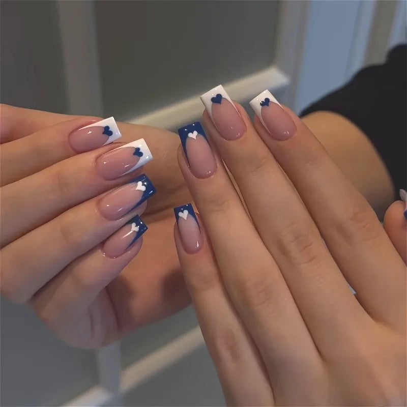 Deep Blue French Tips with White Hearts Medium Square Nails Deep Blue French Tips with White Hearts Medium Square Nails — Blue French Tip Nails
