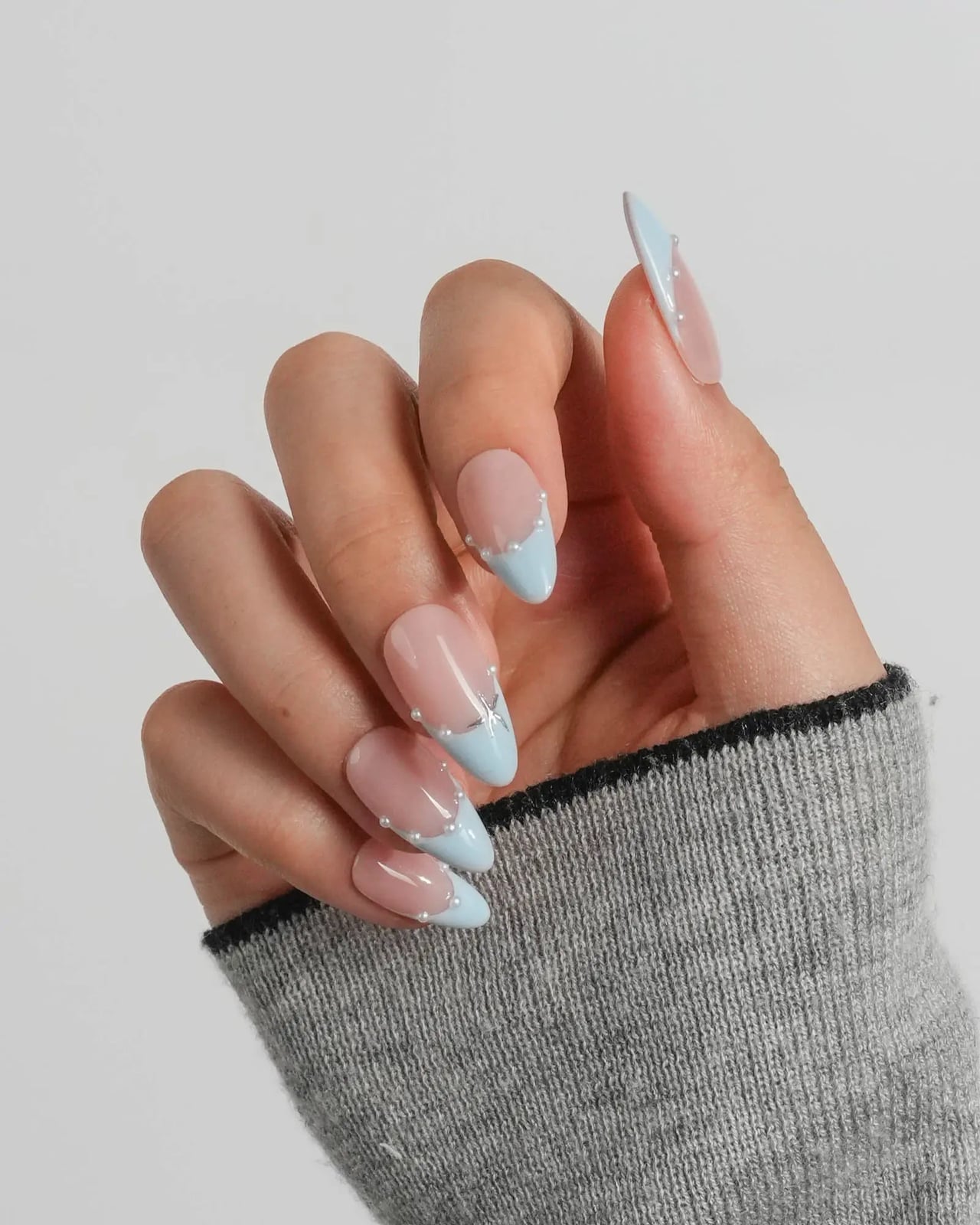 Pearl Embellished Light Blue French Almond Nails Pearl Embellished Light Blue French Almond Nails — Blue French Tip Nails