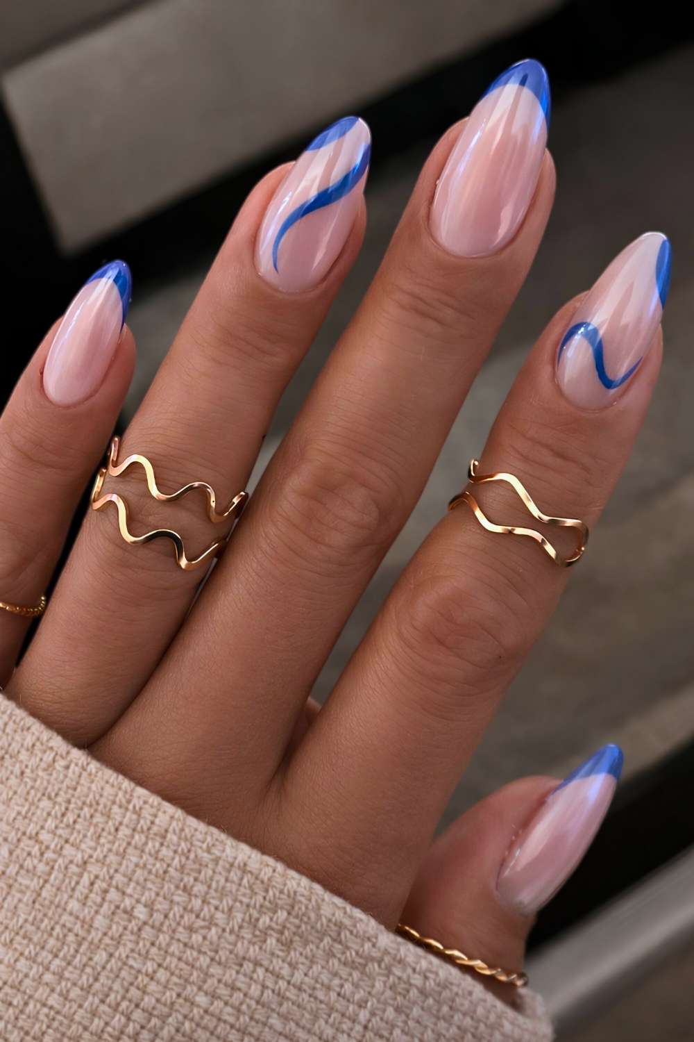 Wavy Blue Lines Accent Almond Nails Wavy Blue Lines Accent Almond Nails — Blue French Tip Nails
