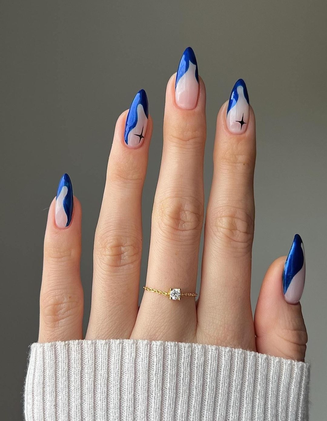 Deep Blue Abstract Shapes Long Almond Nails Deep Blue Abstract Shapes Long Almond Nails — Blue French Tip Nails