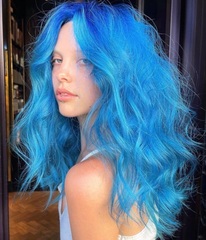 Mid-Back Vibrant Blue With Soft Layers Mid-Back Vibrant Blue With Soft Layers — Blue Hair Color