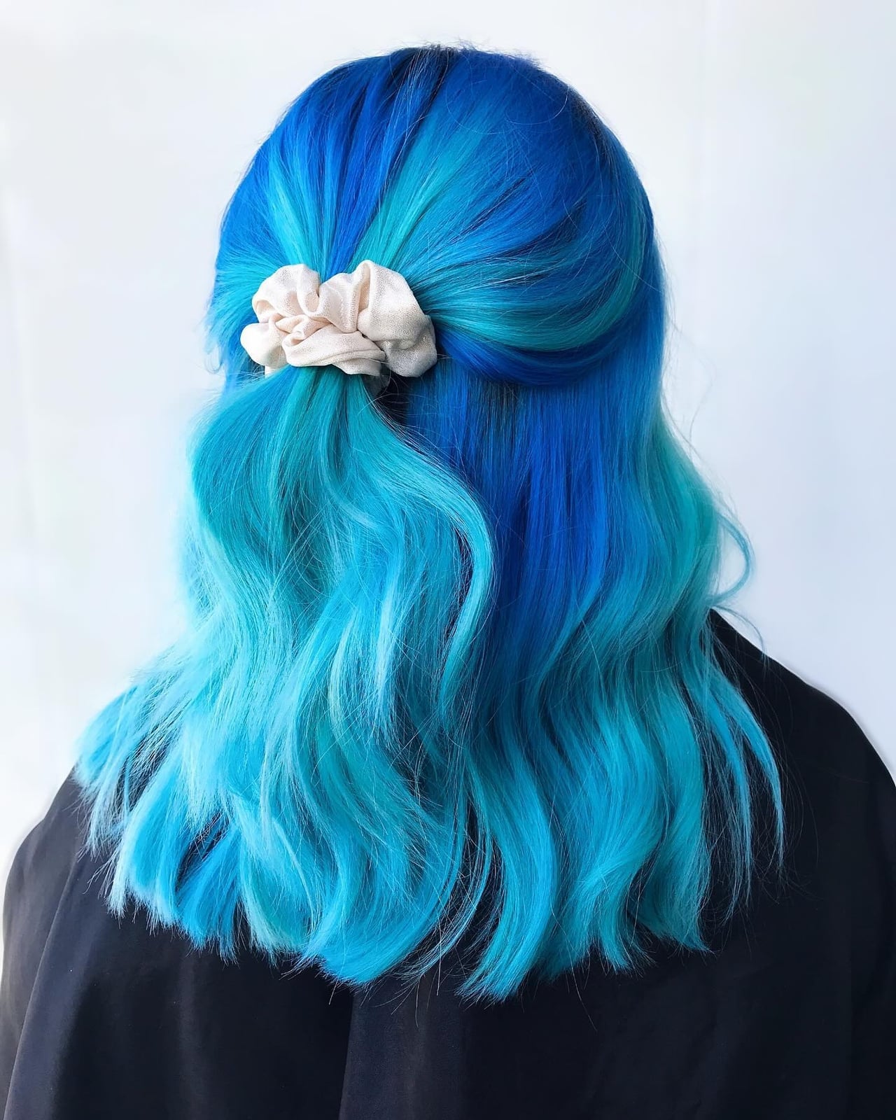 Mid-Back Vibrant Blue With Lighter Balayage Mid-Back Vibrant Blue With Lighter Balayage — Blue Hair Color