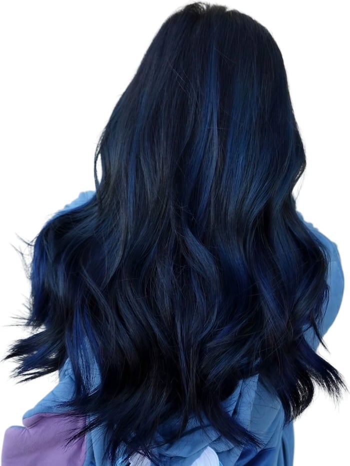 Mid-Back Long Layers With Blue Highlights Mid-Back Long Layers With Blue Highlights — Blue Hair Color