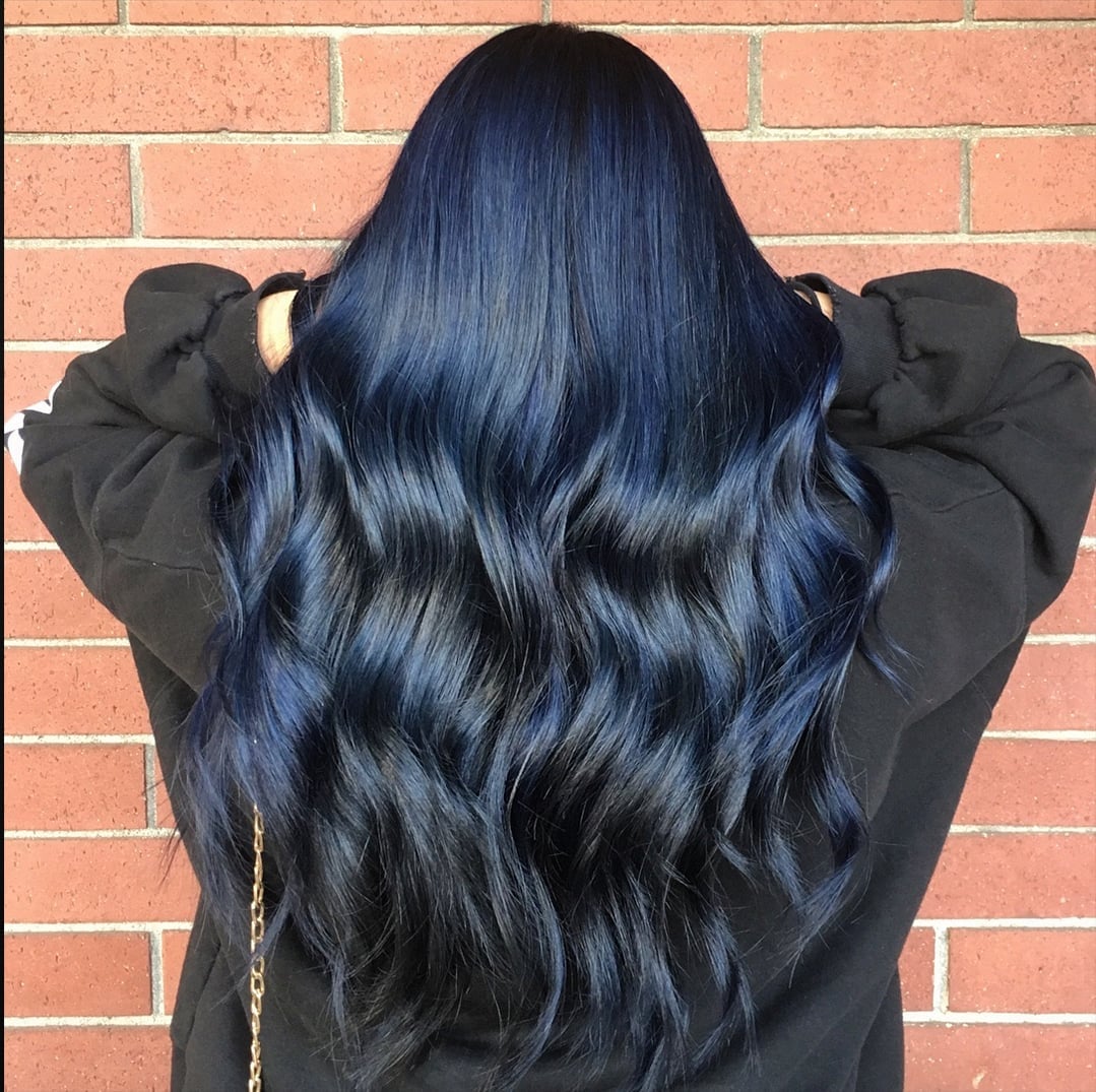 Mid-Back Deep Indigo Blue With Highlights Mid-Back Deep Indigo Blue With Highlights — Blue Hair Color