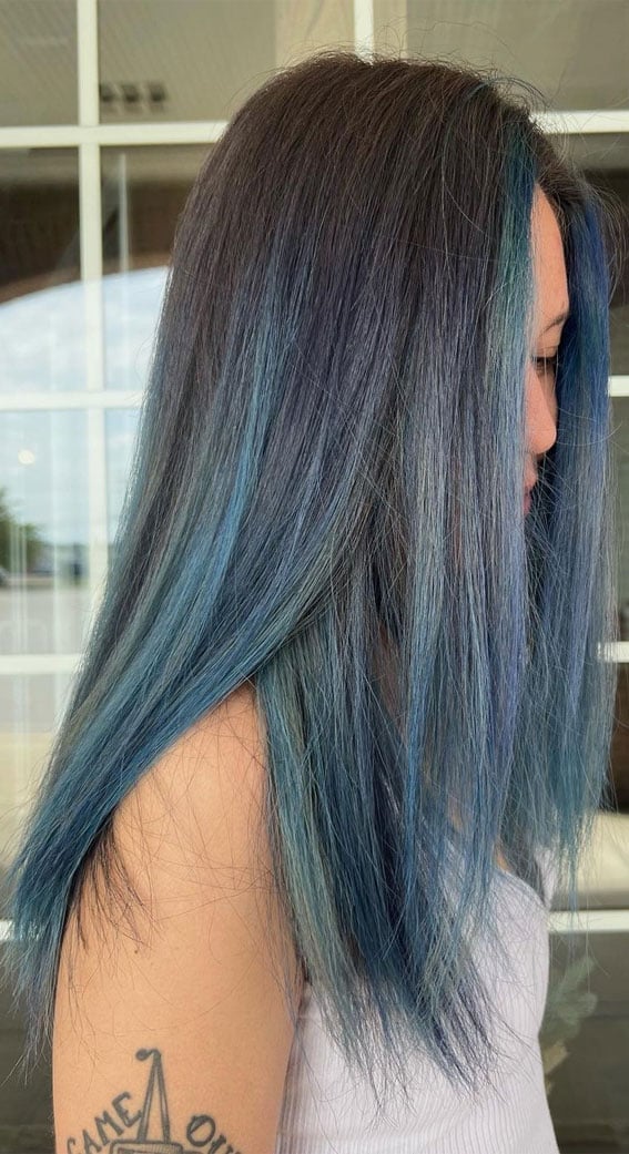 Collarbone Smokey Blue With Lighter Undertones Collarbone Smokey Blue With Lighter Undertones — Blue Hair Color