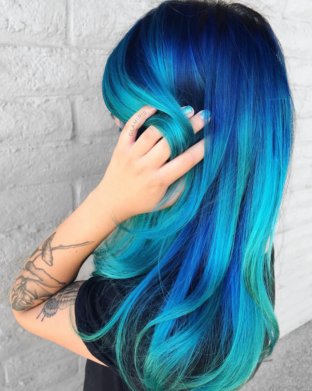 Mid-Back Ombré From Deep Blue To Teal Mid-Back Ombré From Deep Blue To Teal — Blue Hair Color