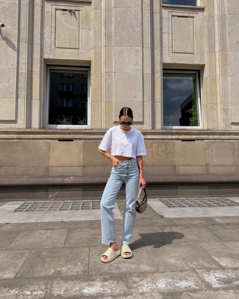Light blue straight-leg jeans with a white cropped t-shirt, Denim Light blue straight-leg jeans with a white cropped t-shirt, Denim — Blue Jeans Outfits