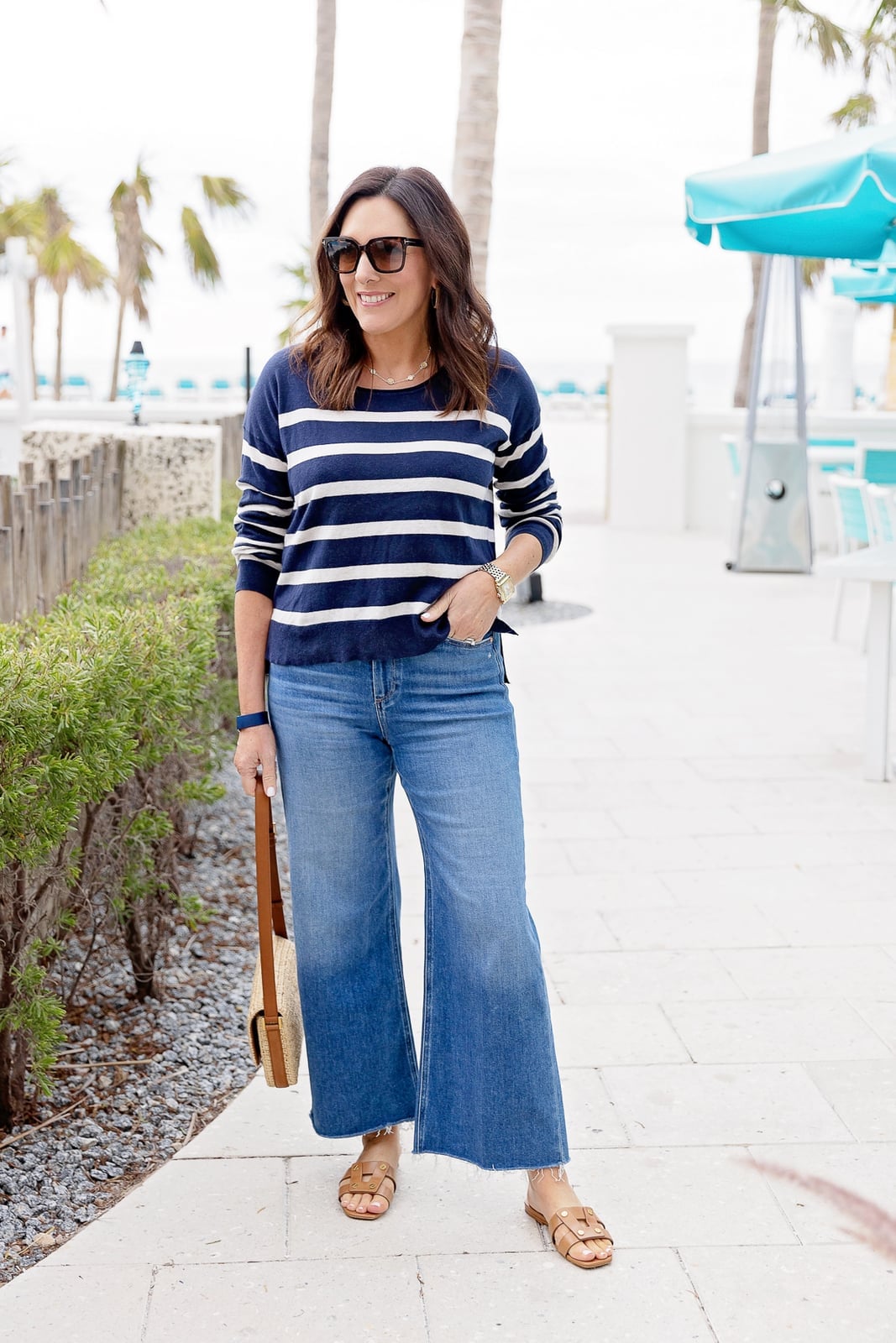 Wide-leg cropped jeans with a navy and white striped sweater, Denim Wide-leg cropped jeans with a navy and white striped sweater, Denim — Blue Jeans Outfits