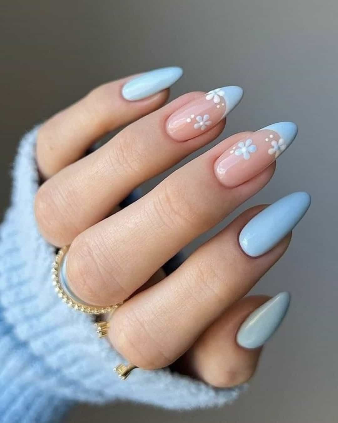 Light Blue and Floral Art Medium Almond Nails Light Blue and Floral Art Medium Almond Nails — Blue Nails