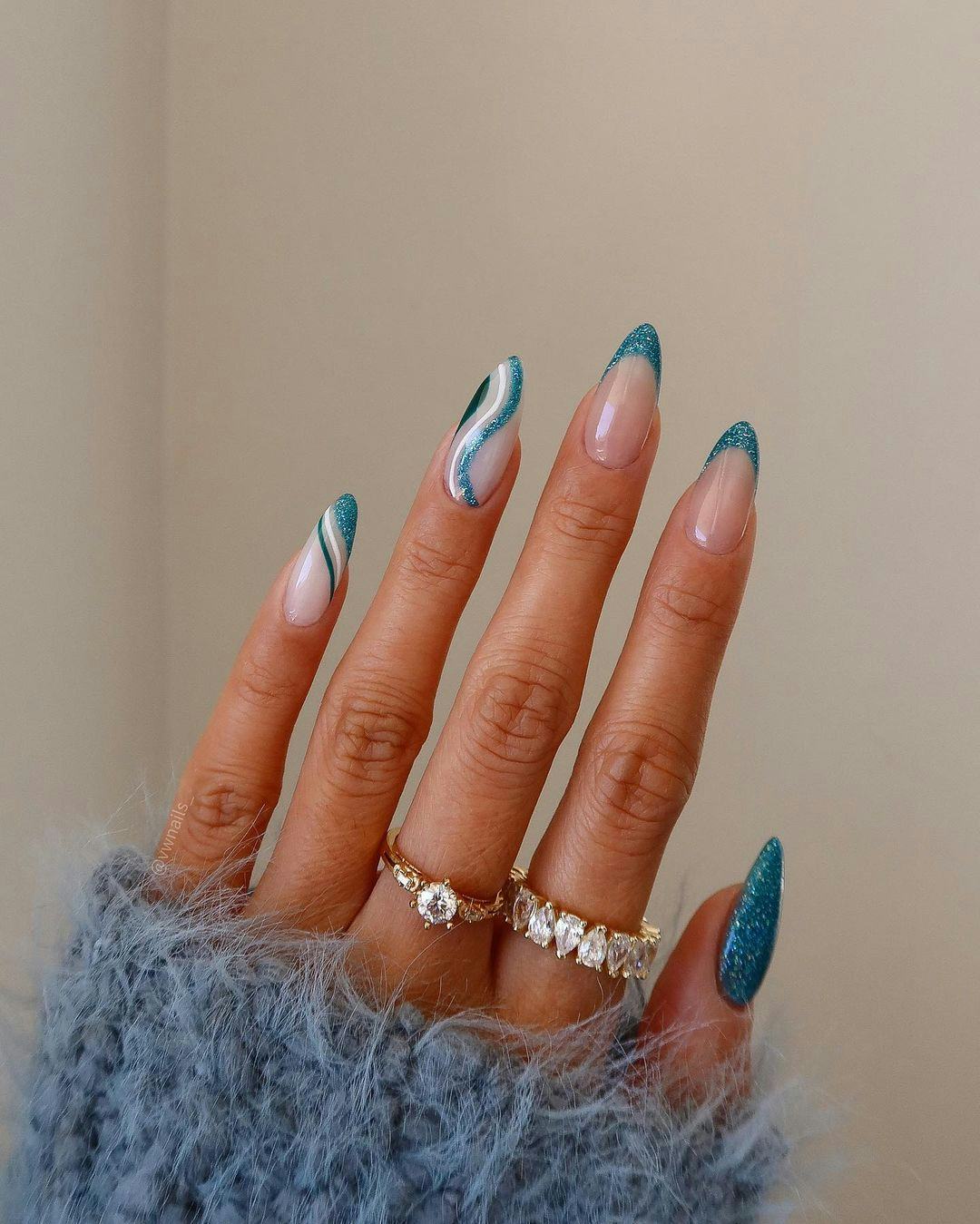 Teal Glitter French Tip with Abstract Swirls Teal Glitter French Tip with Abstract Swirls — Blue Nails
