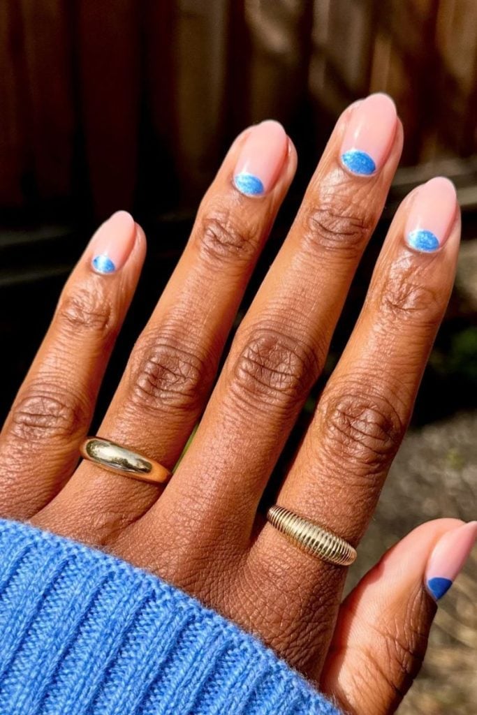 Shimmering Blue Half Moon Short Oval Nails Shimmering Blue Half Moon Short Oval Nails — Blue Nails