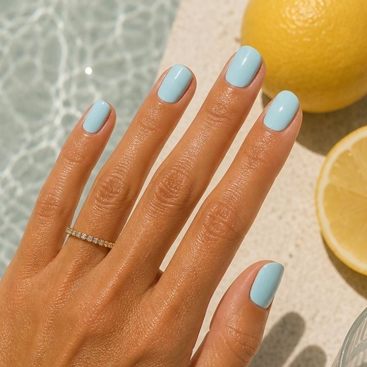 Glossy Light Blue Short Almond Nails Glossy Light Blue Short Almond Nails — Blue Nails