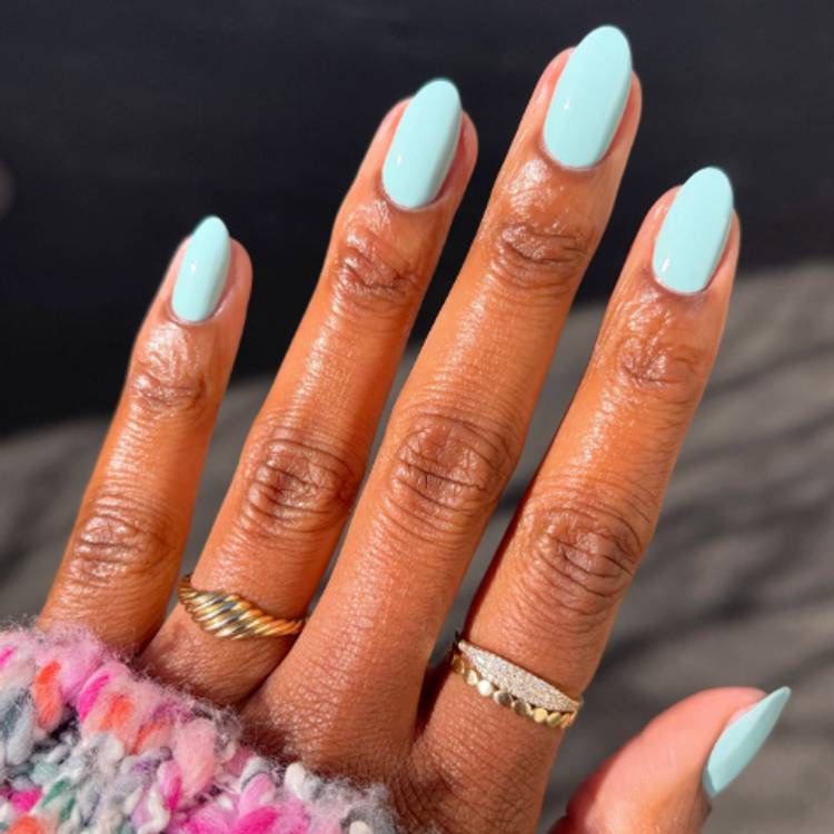 Solid Light Blue Glossy Short Almond Nails, Opaque Solid Light Blue Glossy Short Almond Nails, Opaque — Blue Nails