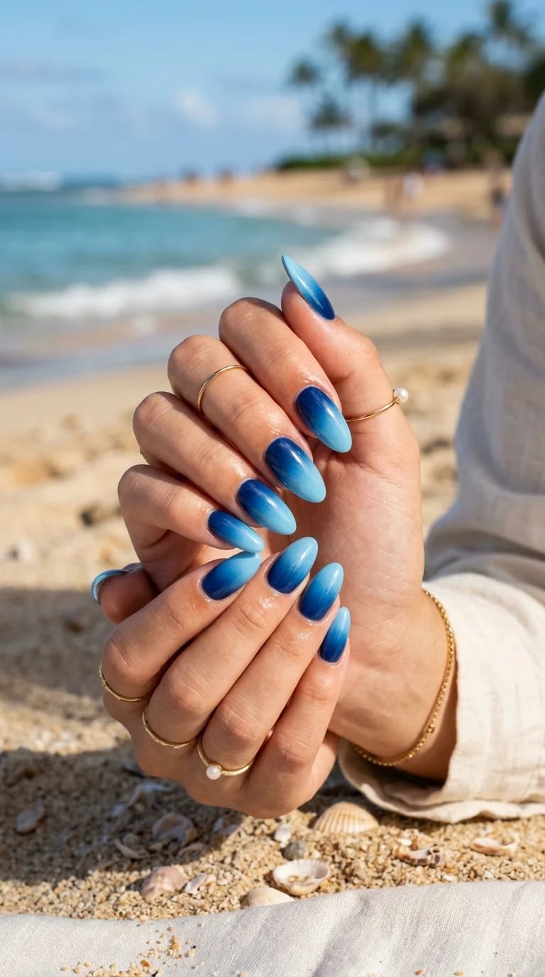 Glossy Blue Ombre Medium Almond Nails Glossy Blue Ombre Medium Almond Nails — Blue Nails