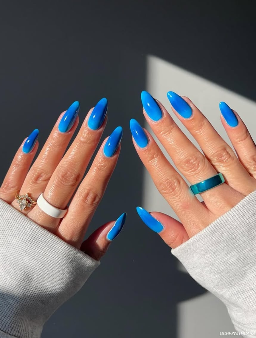 Deep Shimmering Navy Blue Snowflake Almond Nails Deep Shimmering Navy Blue Snowflake Almond Nails — Blue Nails