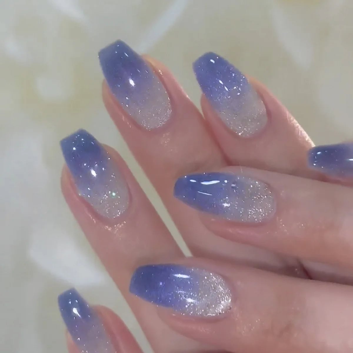 Long Coffin Blue White Glitter Gradient Nails Long Coffin Blue White Glitter Gradient Nails — Blue Nails