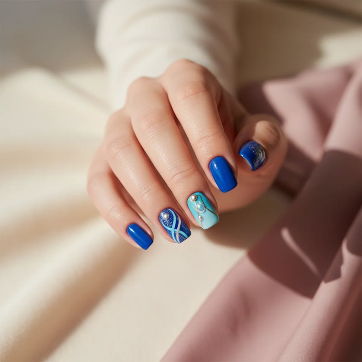 Royal Blue with Geometric Lines Short Square Nails Royal Blue with Geometric Lines Short Square Nails — Blue Nails