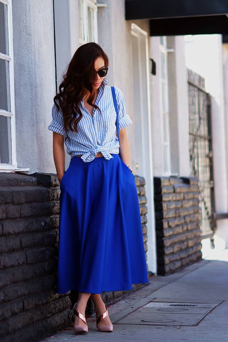 Royal blue midi skirt with tied striped shirt Royal blue midi skirt with tied striped shirt — Blue Outfits