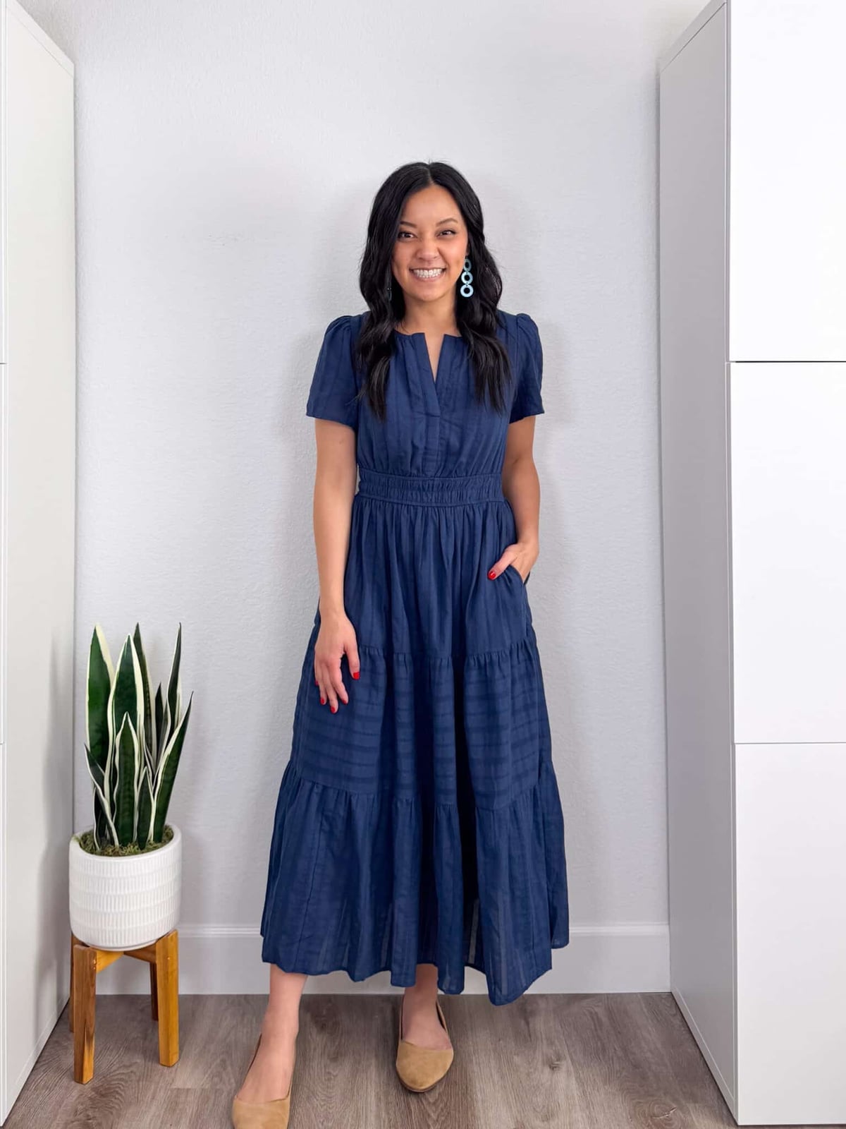 Navy tiered midi dress for casual wear Blue Outfits