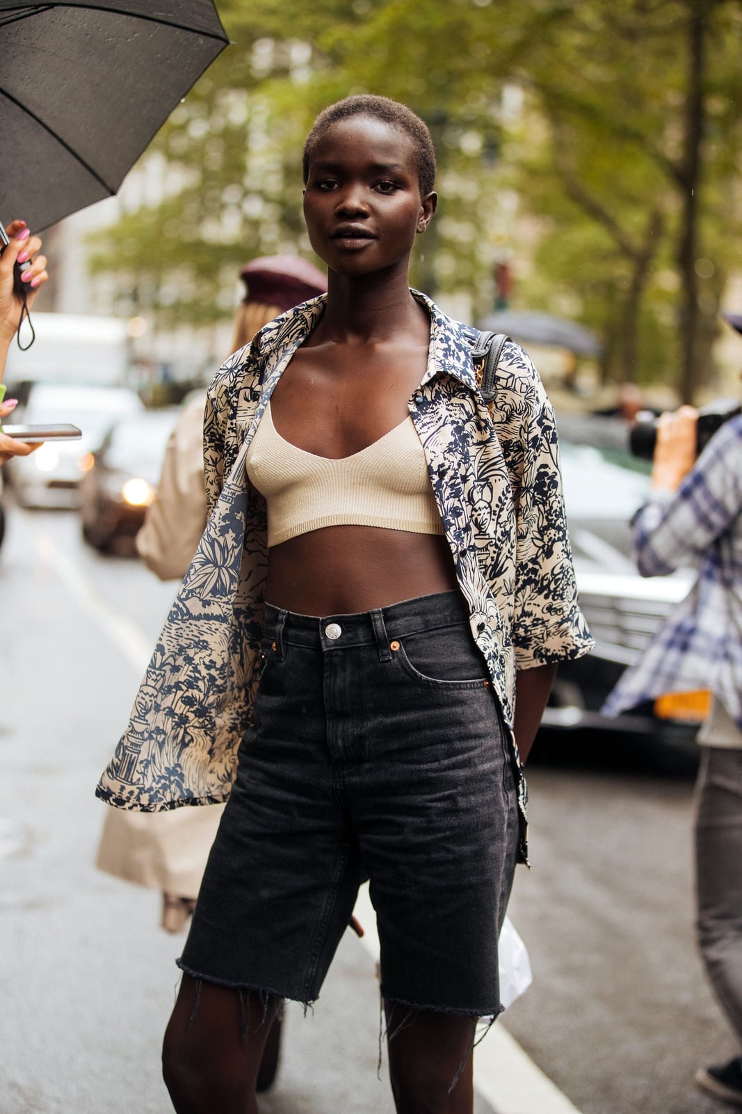 Printed open shirt over bralette with denim shorts Printed open shirt over bralette with denim shorts — Blue Outfits