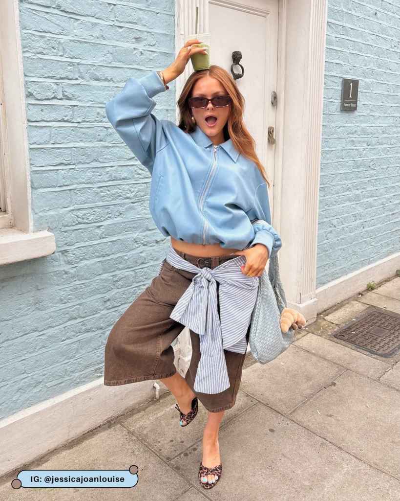 Light blue bomber jacket with wide-leg brown pants Light blue bomber jacket with wide-leg brown pants — Blue Outfits