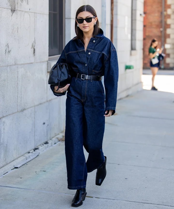 Dark wash denim jumpsuit for casual wear Blue Outfits