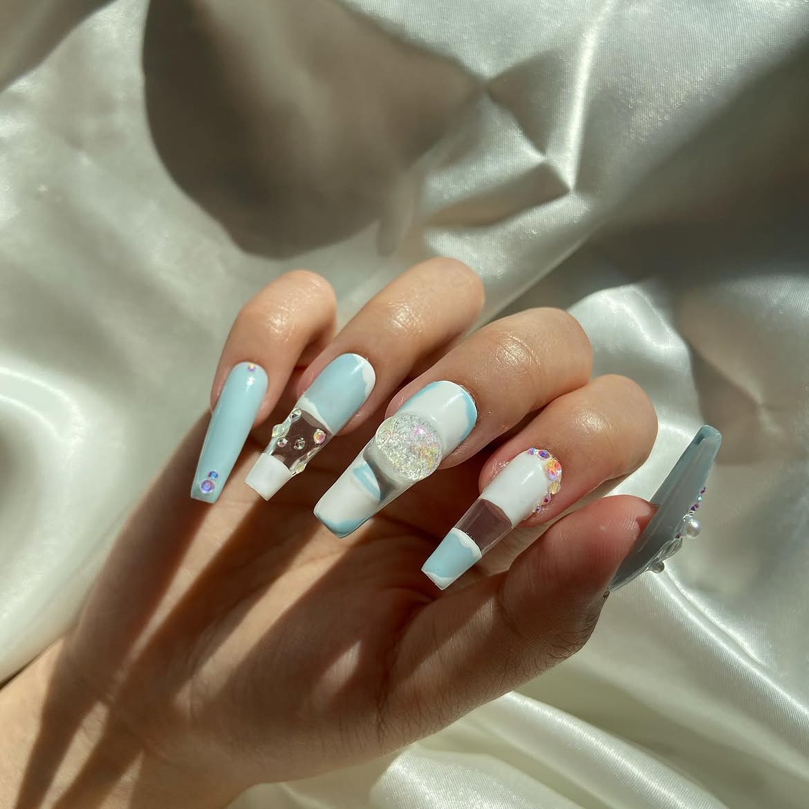 Blue Sky Swirl Snow Globe Coffin Nails