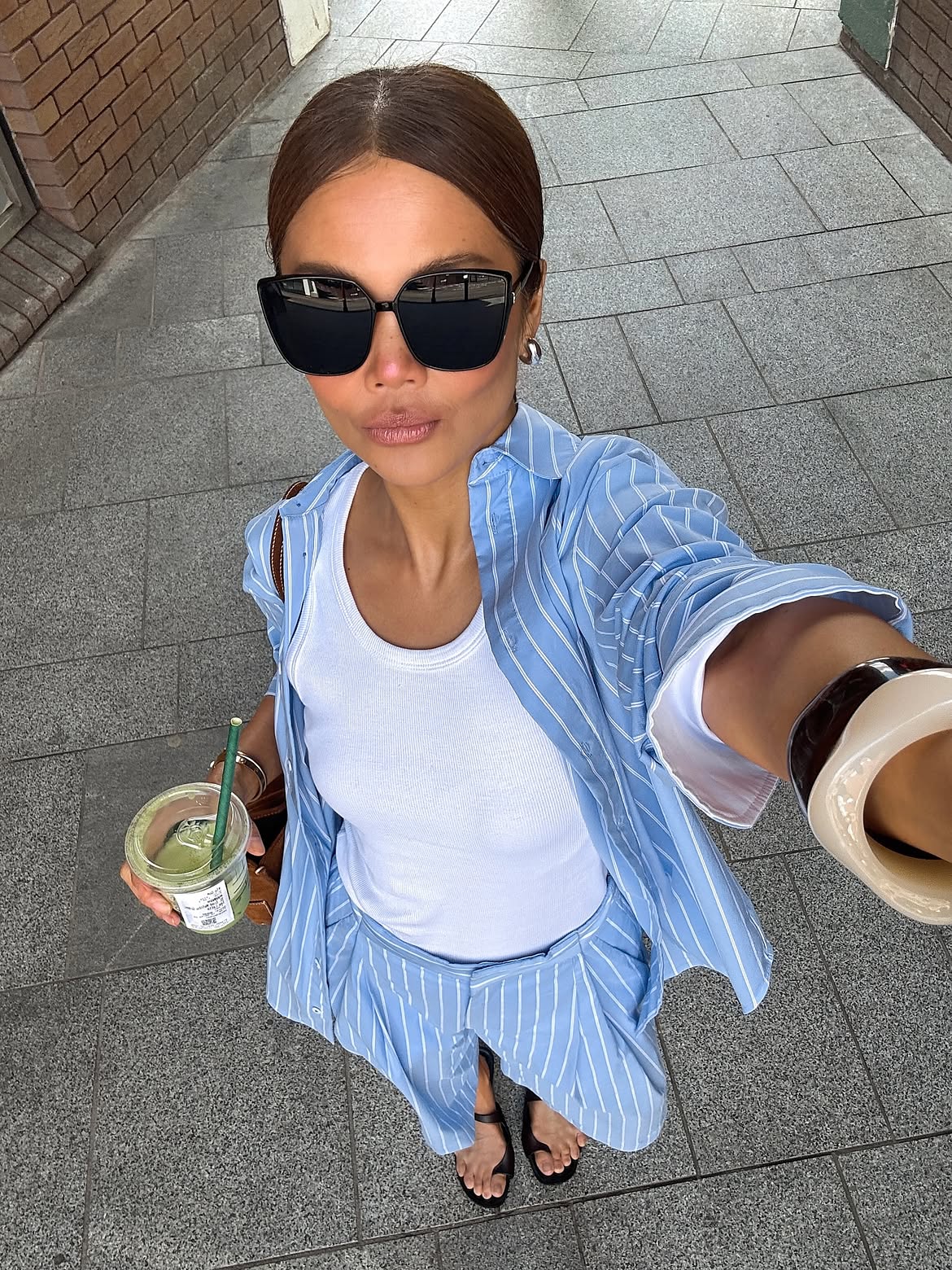 Blue Striped Linen Set And White Tank Holiday Look