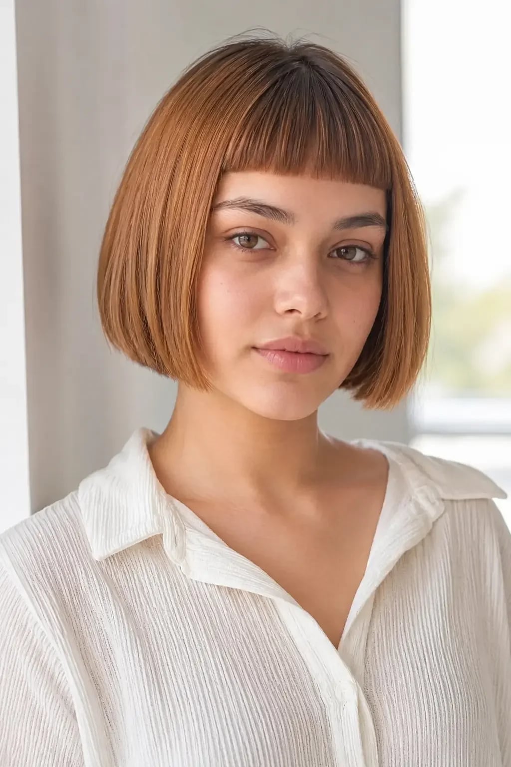 Copper Blunt Bob With Micro Bangs Copper Blunt Bob With Micro Bangs