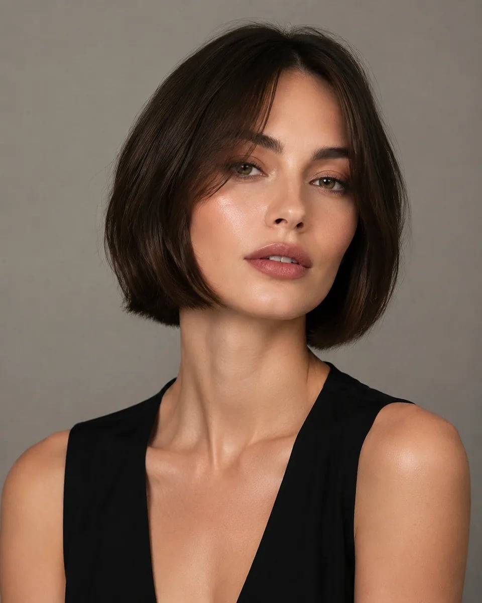 Sleek Dark Brown Bob With Curtain Bangs Sleek Dark Brown Bob With Curtain Bangs — Blunt Bob