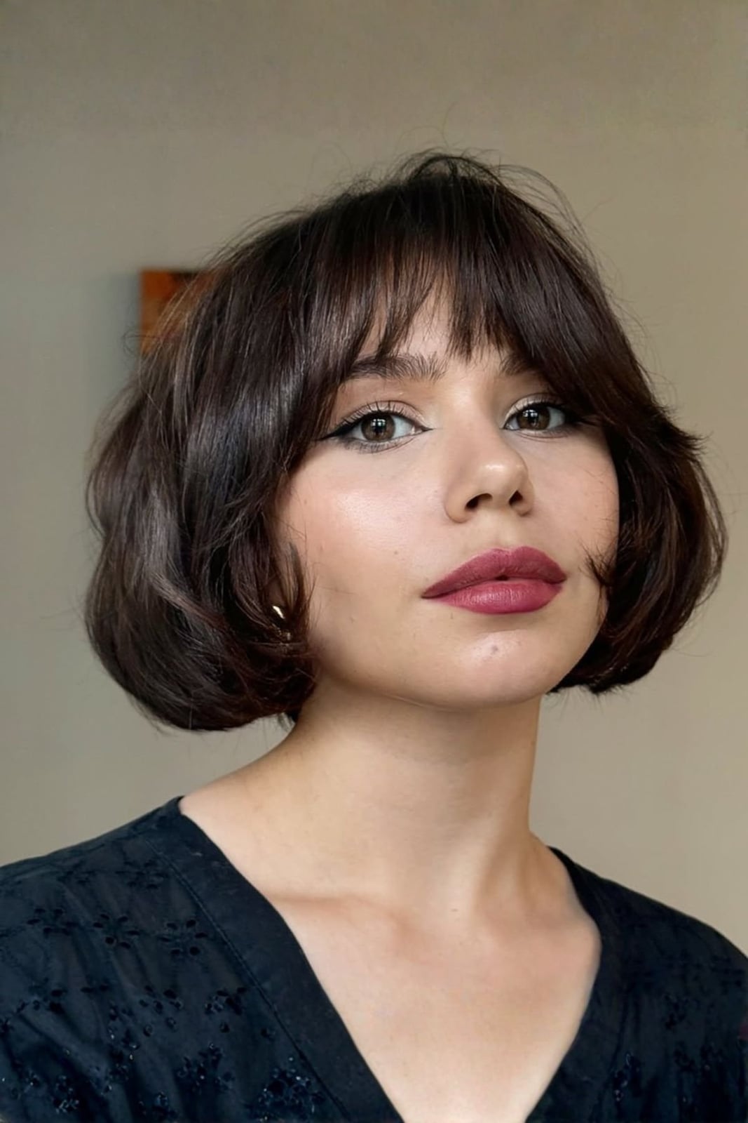 Dark Brown Blunt Bob With Soft Waves Dark Brown Blunt Bob With Soft Waves