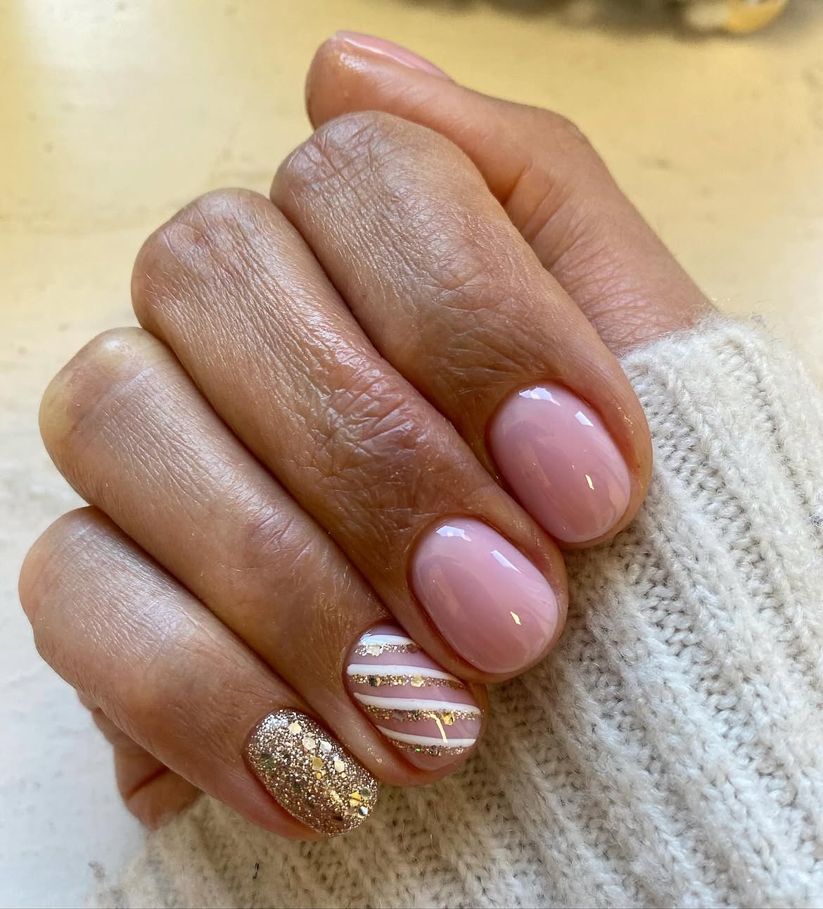 Blush Pink & Gold Striped Festive Nails