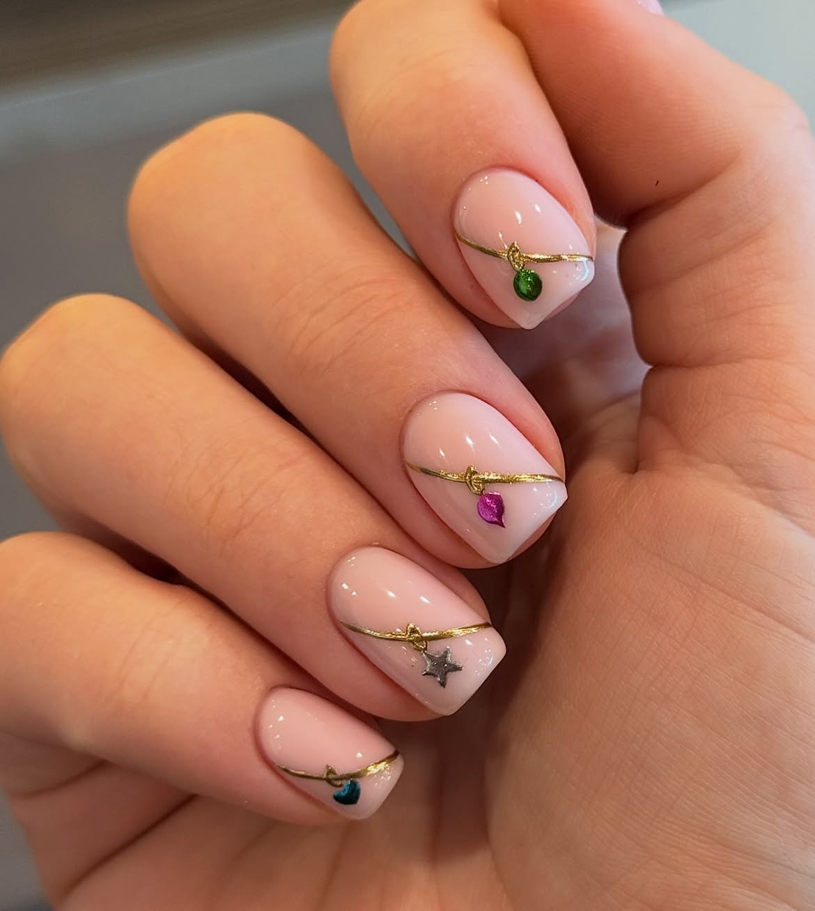 Blush Pink Oval Nails with Gold String Charms