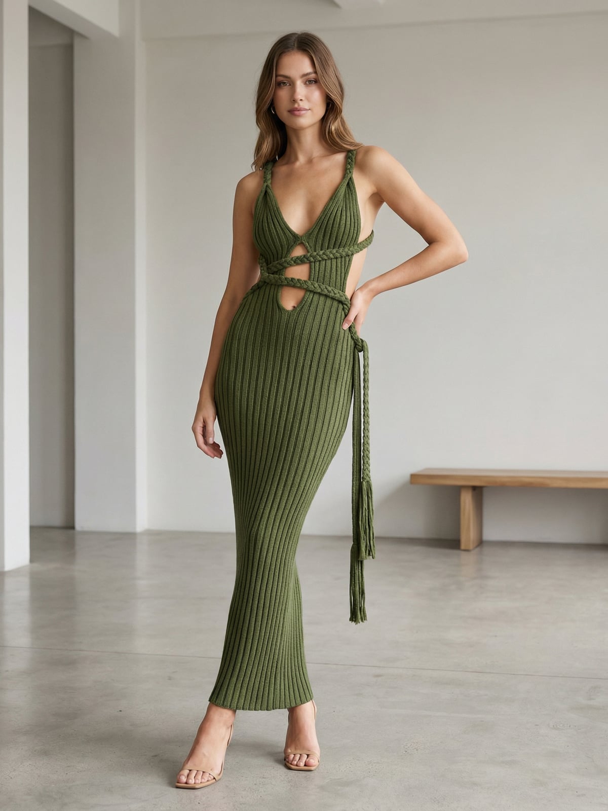 Olive green ribbed knit maxi dress with braided straps Olive green ribbed knit maxi dress with braided straps — Bodycon Dresses