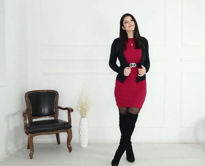 Red bodycon midi dress with jacket and boots, Sheer Black Tights Red bodycon midi dress with jacket and boots, Sheer Black Tights — Bodycon Dresses