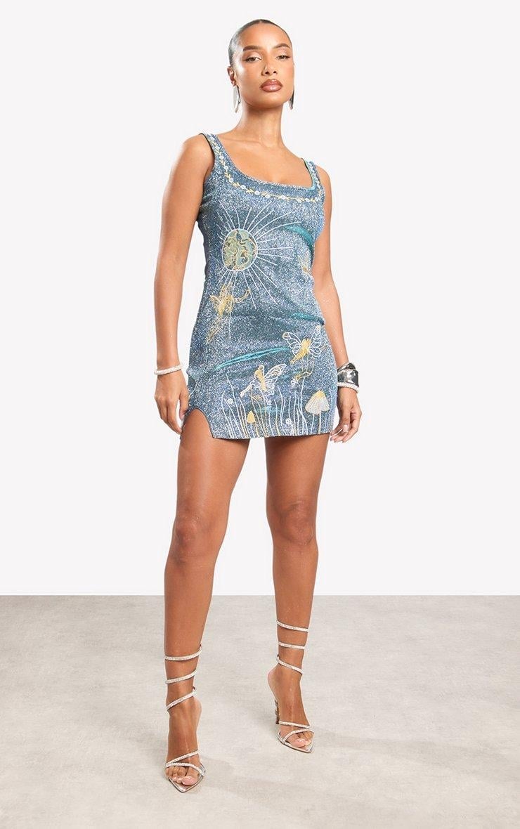 Blue glittery mini dress with graphic print, Office-Safe Version Blue glittery mini dress with graphic print, Office-Safe Version — Bodycon Dresses