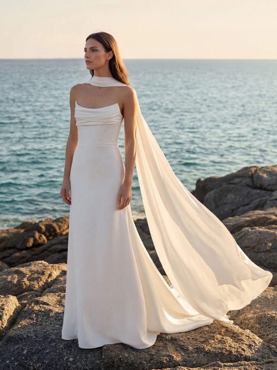 Ivory crepe gown with chiffon scarf Ivory crepe gown with chiffon scarf — Boho Dresses